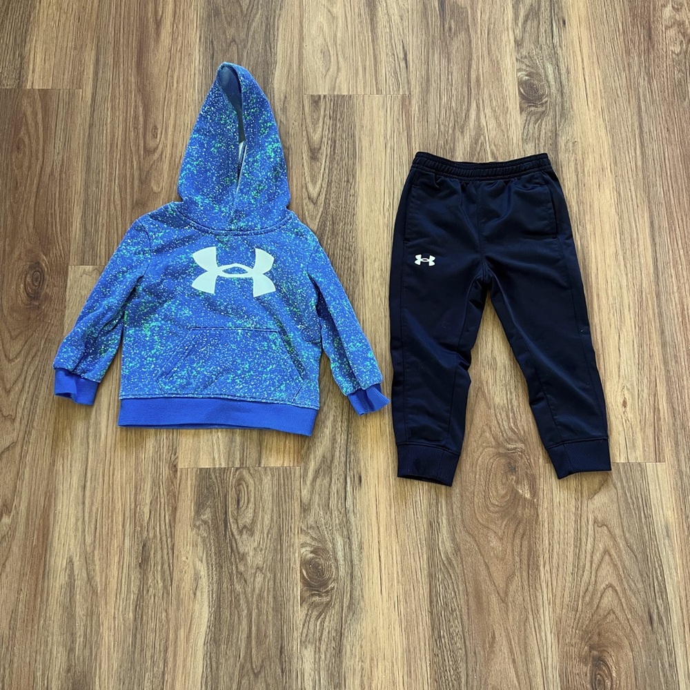 Under Armour 2T blue sweatshirt and black joggers